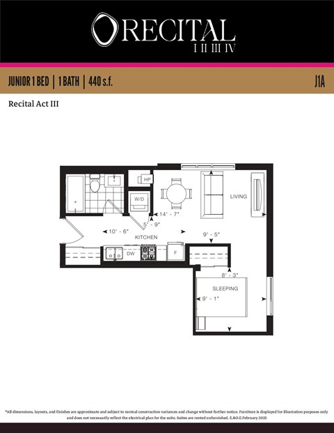 Floor plan for 1 bed, 1 bath, 440 sqft